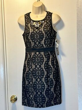 NWT-XOXO Black Lace Dress With Rhinestone Embellishments Along Neckline-Size 3/4